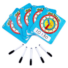 Load image into Gallery viewer, Time Learning Clock for Kids: Pack of 5 Clocks (7 x 8 Inches) + 5 Erasable Markers – Teach Children to Tell Time