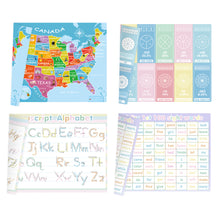 Load image into Gallery viewer, Kids Educational Learning Placemats - Set of 4, Washable Reusable Laminated Table Mats for Children - Handwriting Practice, Sight Words, Fractions, US Map 17 x 12 inches